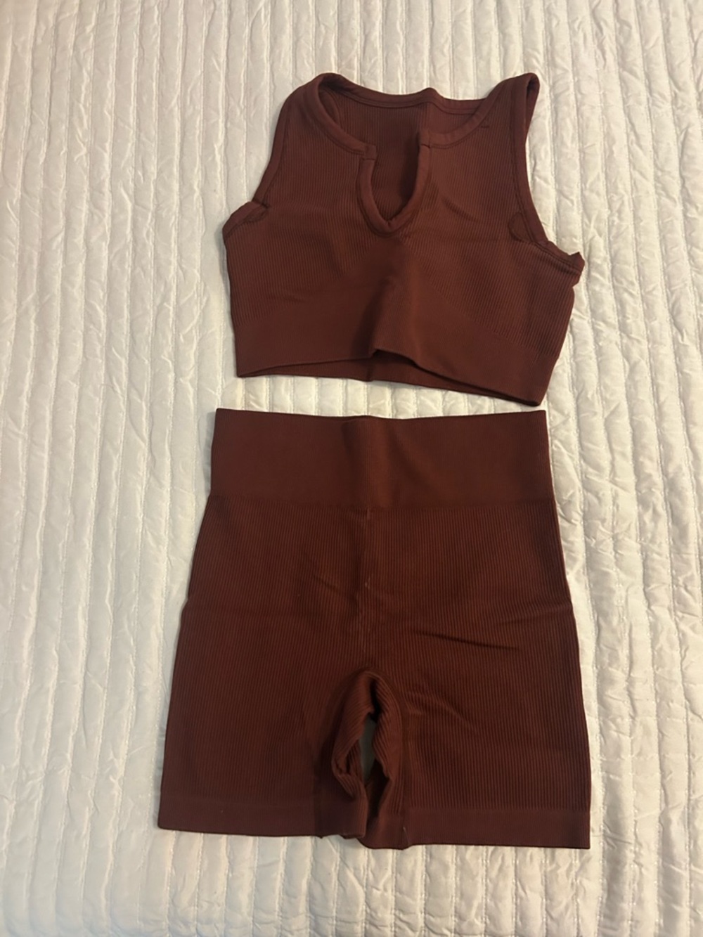 Ribbed High-Waist Bike Shorts and Crop Tank Set - Brown